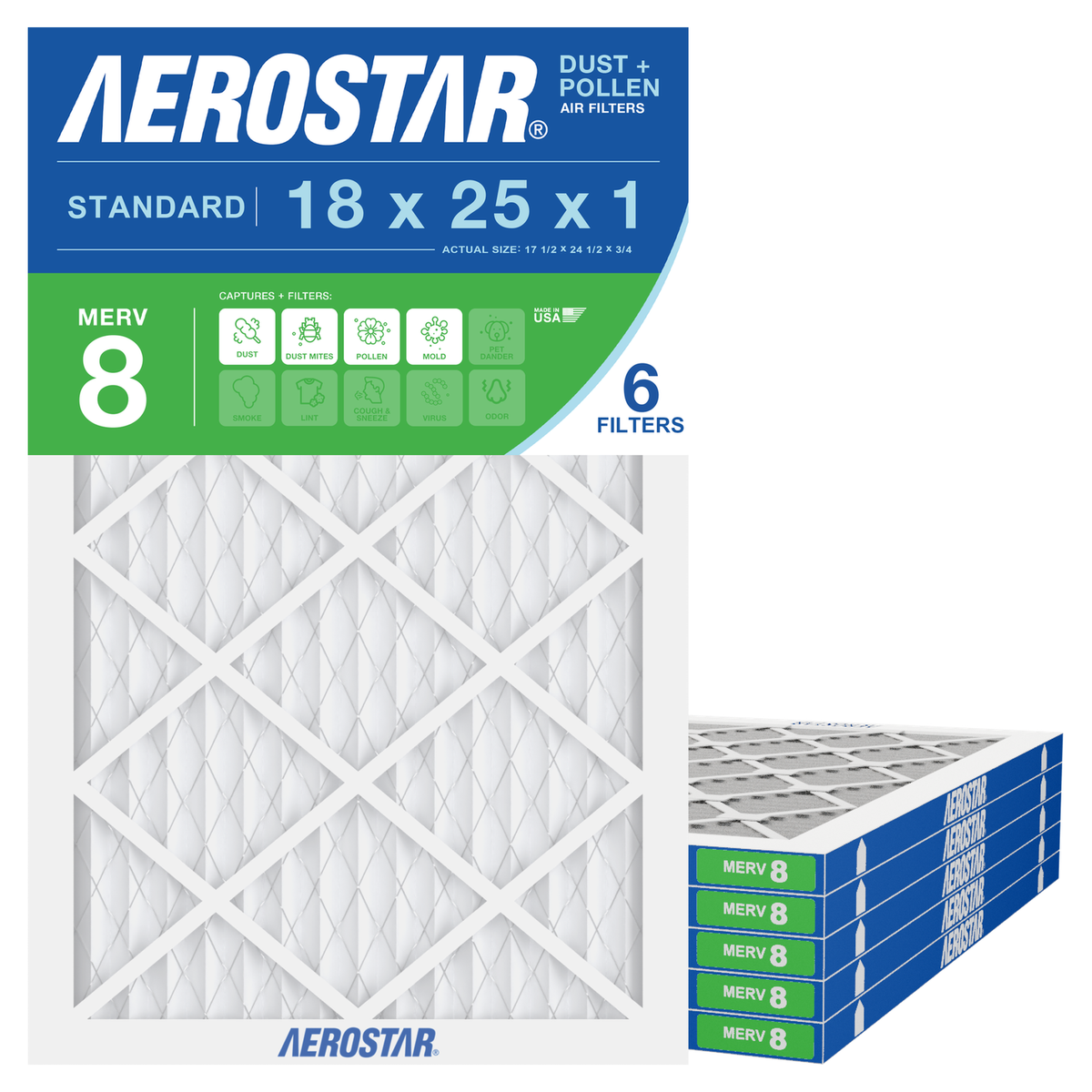 Aerostar 18x25x1 air filter — type shown; confirm exact size in title